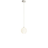 Minimalist white pendant light with an intricately designed globe shade, suspended from a slender cable, isolated on a plain background.