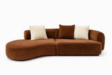 Brown sectional sofa with decorative pillows on a white background