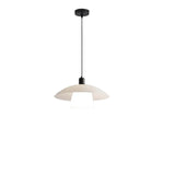 Minimalist white pendant light with a curved shade hanging from a sleek black cord, showcased against a plain background to emphasize its modern design.