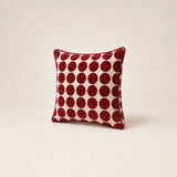 Side view of a Burgundy Polka Dot cotton velvet and linen cushion, 45 x 45 cm