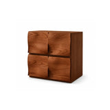 45 degree view of designer walnut bedside cabinet with mid-century sculptural wood texture UK