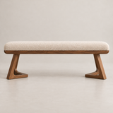 Front view of the Mid-Century Northwood upholstered bench with cream textured seat and warm walnut-tone wood frame
