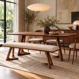 Mid-Century Northwood upholstered dining bench styled with a wooden dining table in a warm modern UK interior