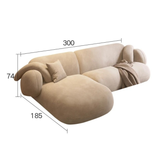 Beige sofa with dimensions labeled on a white background